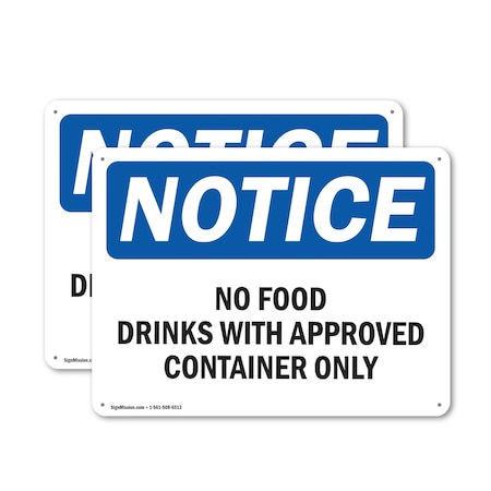 No Food Drinks With Approved Container Only, 14 in W x Rectangle, Aluminum